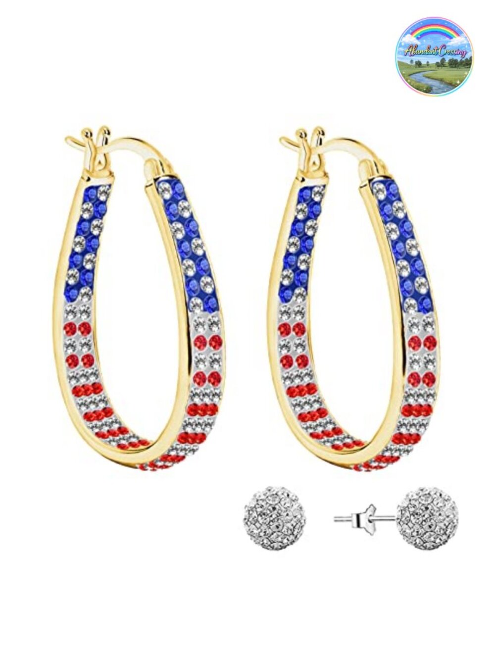 Oval Crystal Hoop Earrings Gold Plated Hinged Back